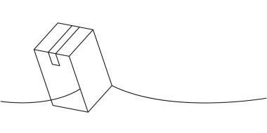 Şimdiki kutu bir satır aralıksız çizim. Karton teslimat kutusu. Vektör çizimi. Beyaz arkaplanda izole