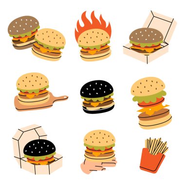 Hamburger hazır. Geleneksel Amerikan fast food. Kafe menüsü ve restoranlar için elle çizilmiş öğeler. Vektör çizimi. Beyaz arkaplanda izole