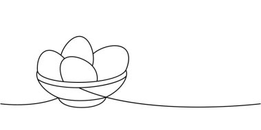 Tabaktaki çiğ yumurta bir çizgi sürekli çizim. Organik tarım ürünü. Vektör çizimi. Beyaz arkaplanda izole