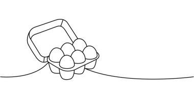 Karton konteynırda çiğ yumurta. Bir çizgi sürekli çizim. Organik tarım ürünü. Vektör çizimi. Beyaz arkaplanda izole