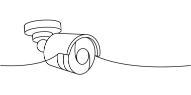 Dış mobese kamerası bir hat aralıksız çiziyor. Güvenlik kamerası. Vektör çizimi. Beyaz arkaplanda izole