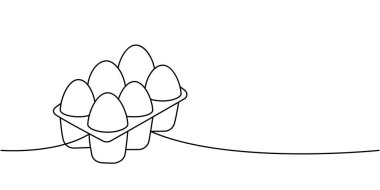 Karton kutuda tavuk yumurtası. Bir satır aralıksız çizim. Organik tarım ürünü. Vektör çizimi. Beyaz arkaplanda izole