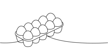 Kağıt kutuda taze yumurtalar. Bir çizgi sürekli çizim. Organik tarım ürünü. Vektör çizimi. Beyaz arkaplanda izole