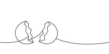 Kırık yumurta kabuğu. Sürekli çizim. Organik tarım ürünü. Vektör çizimi. Beyaz arkaplanda izole