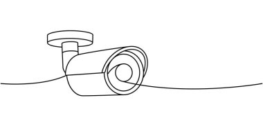 CCTV video kamerası. Sürekli bir çizgi çiziyor. Güvenlik kamerası. Vektör çizimi. Beyaz arkaplanda izole