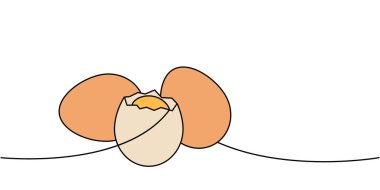 Taze yumurtalar tek çizgi halinde renkli çizimler. Organik tarım ürünü. Vektör çizimi. Beyaz arkaplanda izole