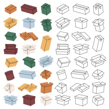 Posta kutuları dikey pankartta. Paket karton kutular. Hediye kutuları. Vektör çizimi. Beyaz arkaplanda izole