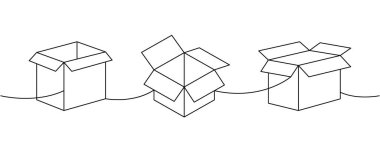 Şimdiki kutular bir satır aralıksız çizim. Paket karton kutular. Vektör çizimi. Beyaz arkaplanda izole