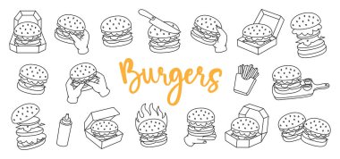 Burger hatları ayarlandı. Sığır burger, hamburger, vejetaryen burger, çizburger. Geleneksel Amerikan fast food. Vektör çizimi. Beyaz arkaplanda izole.