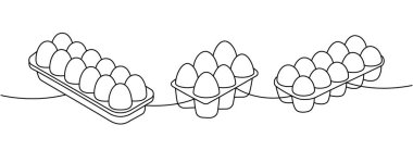 Kutularda tavuk yumurtası. Bir satır aralıksız çizim. Haşlanmış yumurta, yumurta kabuğu, omlet, protein ve yumurta sarısı. Vektör çizimi. Beyaz arkaplanda izole