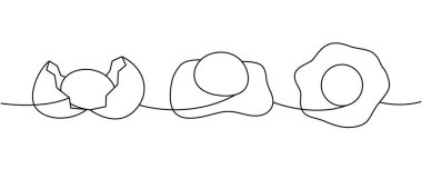 Taze yumurtalar tek sıra halinde. Haşlanmış yumurta, yumurta kabuğu, omlet, protein ve yumurta sarısı. Vektör çizimi. Beyaz arkaplanda izole