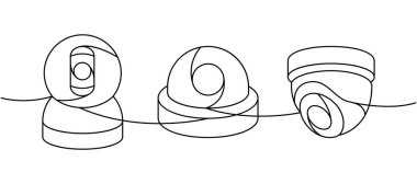Güvenlik kameraları aralıksız bir çizgi çiziyor. Dış güvenlik sistemi. Vektör çizimi. Beyaz arkaplanda izole