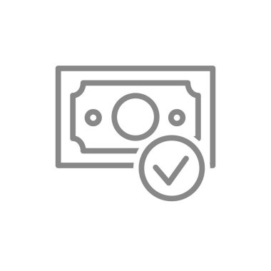 Tik işareti simgesi olan para faturası. Para doğrulama, kimlik doğrulama sembolü. Vektör çizimi. Beyaz arkaplanda izole