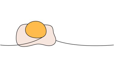 Çiğ yumurta, protein ve sarısı. Tek çizgi renkli, sürekli çizim. Organik tarım ürünü. Vektör çizimi. Beyaz arkaplanda izole