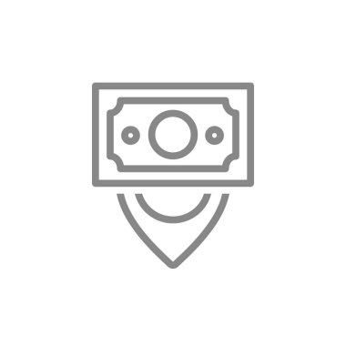 Harita işaretleyici simgesi olan para faturası. Banka ya da ATM konum sembolü. Vektör çizimi. Beyaz arkaplanda izole