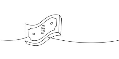 Dolar banknotları. Bir çizgi sürekli çizim. Para yatırımı ve online ödeme servisi. Vektör çizimi. Beyaz arkaplanda izole