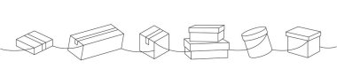 Teslimat kutuları bir satır aralıksız çizim. Kargo kutuları. Vektör çizimi. Beyaz arkaplanda izole.
