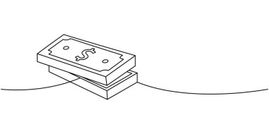 İki dolarlık banknot yığını. Bir çizgi sürekli çizim. Para yatırımı ve online ödeme servisi. Vektör çizimi. Beyaz arkaplanda izole