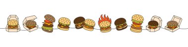 Burger bir çizgi çizdi. Renkli sürekli çizim. Geleneksel Amerikan fast food. Kafe menüsü ve restoranlar için elle çizilmiş öğeler. Vektör çizimi. Beyaz arkaplanda izole
