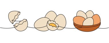 Bir sıra tavuk yumurtası. Renkli sürekli çizim. Haşlanmış yumurta, yumurta kabuğu, omlet, protein ve yumurta sarısı. Vektör çizimi. Beyaz arkaplanda izole
