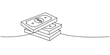 Üç dolarlık banknotlar. Bir çizgi sürekli çizim. Para yatırımı ve online ödeme servisi. Vektör çizimi. Beyaz arkaplanda izole