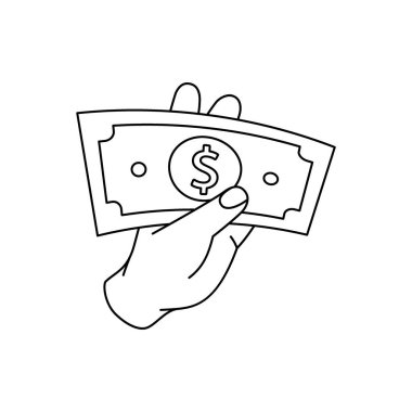 Bir dolarlık banknotun ana hatlarını tutan bir el. İş ve finans. Vektör çizimi. Beyaz arkaplanda izole.