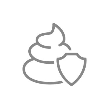 Poop with a shield line icon. Pile of shit protection symbol. Vector illustration. Isolated on white background