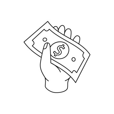 Dolar sembolü tutan bir el. İş ve finans. Vektör çizimi. Beyaz arkaplanda izole.