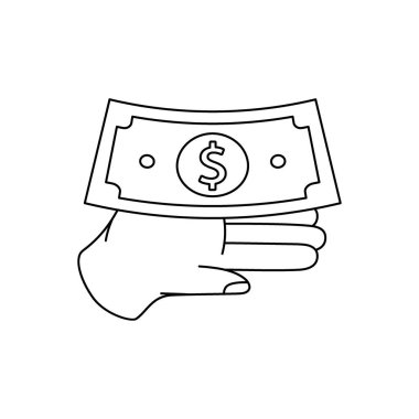 Dolar sembolü tutan bir el. İş ve finans. Vektör çizimi. Beyaz arkaplanda izole.