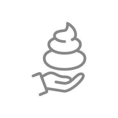 Poop on hand line icon. Pile of shit, treatment symbol. Vector illustration. Isolated on white background