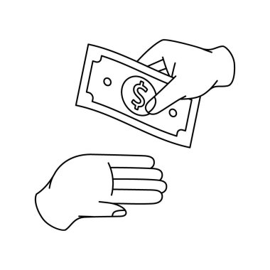 Başka bir el yazısı sembolüne dolar banknotu veren bir el. İş ve finans. Vektör çizimi. Beyaz arkaplanda izole.