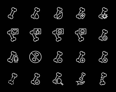Kemik çizgisi ikonu. İnsan iskeleti anatomisi, kemik hastalığı, osteoporoz, eklem iltihabı sembolü. Vektör çizimi. Siyah arkaplanda izole