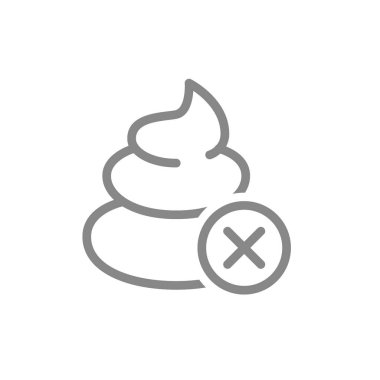 Poop with crosscheck mark line icon. No toilet, pile of shit symbol. Vector illustration. Isolated on white background