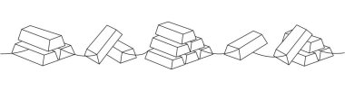 Altın külçeleri sürekli bir çizgi halinde dizilir. Para yatırımı ve finans. Vektör çizimi. Beyaz arkaplanda izole