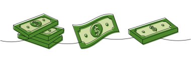 Bir dizi banknot tek çizgi halinde yığılmış renkli sürekli çizimler. Para yatırımı ve finans. Vektör çizimi. Beyaz arkaplanda izole