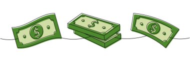 Dolar banknotları tek çizgi halinde dururlar. Renkli sürekli çizimler. Para yatırımı ve finans. Vektör çizimi. Beyaz arkaplanda izole