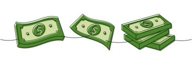 Dolar banknotları bir çizgi renkli sürekli çizim. Para yatırımı ve finans. Vektör çizimi. Beyaz arkaplanda izole