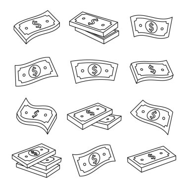 Bir dizi dolar nakit sembolü. Finans, yatırım, iş konsepti. Vektör çizimi. Beyaz arkaplanda izole.