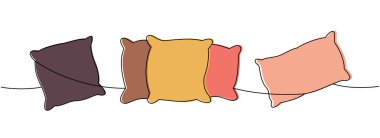 Yastıklar tek çizgi çiziyor. Renkli sürekli çizim. Sıcak, rahat yastıklar. Vektör çizimi. Beyaz arkaplanda izole