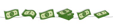 Dolar banknotları bir çizgi renkli sürekli çizim. Para yatırımı ve finans. Vektör çizimi. Beyaz arkaplanda izole