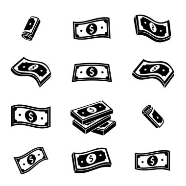 Bir dizi siyah dolar ikonu. Finans, yatırım, iş konsepti. Vektör çizimi. Beyaz arkaplanda izole.