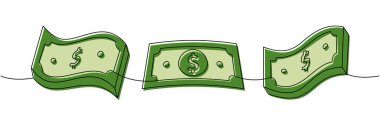 Dolar banknotları tek çizgi halinde dururlar. Renkli sürekli çizimler. Para yatırımı ve finans. Vektör çizimi. Beyaz arkaplanda izole