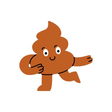 Çizgi filmdeki kaka karakteri büyük bir gülümsemeyle neşeyle dans ediyor, enerji ve eğlence dolu. Vektör çizimi. Beyaz arkaplanda izole