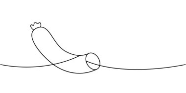 Taze sosis. Bir sıra sürekli çizim. Mezbaha sosisi menüsü. Vektör çizimi. Beyaz arkaplanda izole