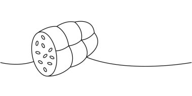 Tavuk sosisi. Bir sıra sürekli çizim. Mezbaha sosisi menüsü. Vektör çizimi. Beyaz arkaplanda izole