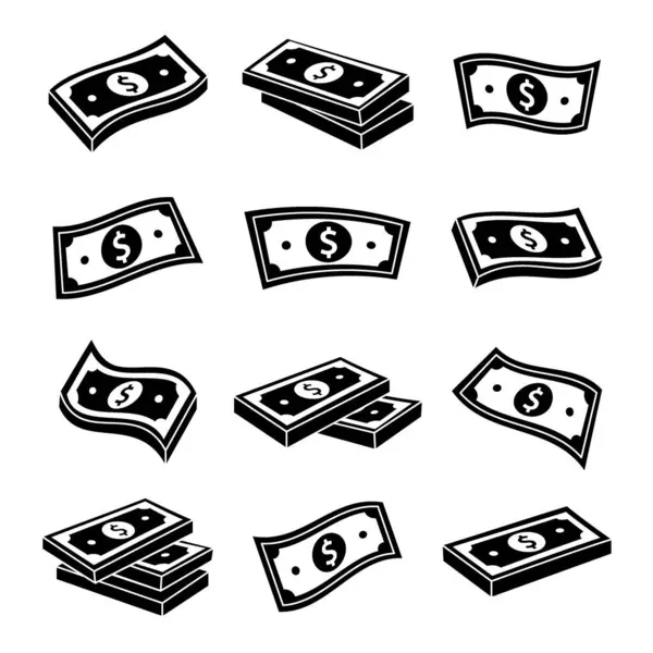 Bir dizi siyah dolar nakit ikonu. Finans, yatırım, iş konsepti. Vektör çizimi. Beyaz arkaplanda izole.