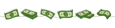 Bir dizi banknot bir çizgi renkli sürekli çizim. Para yatırımı ve finans. Vektör çizimi. Beyaz arkaplanda izole