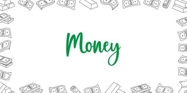 Para yatay ana hatlı afiş. Uçan para, banknotlar, yığınla para, dolar banknotları, altın paralar ve külçeler. Para yatırımı kavramı. Vektör illüstrasyonu.