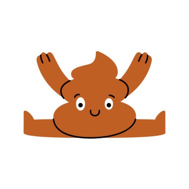 Esnek çizgi film kaka karakteri büyük bir gülümseme, komik ve enerjik bir pozla tam bir bölünme yapıyor. Vektör çizimi. Beyaz arkaplanda izole