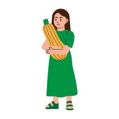 Elinde taze bir kabak tutan bir kız. Sağlıklı beslenme, vejetaryen yemekleri ve organik yaşam tarzı konsepti. Organik çiftlik sebzesi. Vektör çizimi. Beyaz arkaplanda izole.